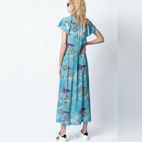 Zadig & Voltaire blue short sleeve maxi summer dress featuring flutter sleeves - Picture 3 of 4
